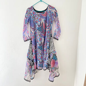 Y2K Psychedelic Boho Dress Handkerchief Hem Abstract Print Fairycore Festival M